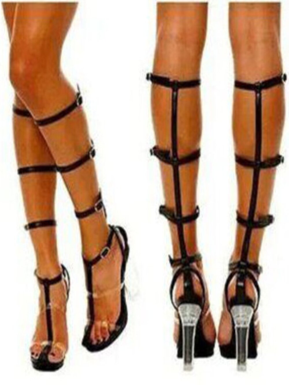 💥KILLER DESIGN💥VTG Caged Lucite Heel Gladiator Pumps in Black Leather & Clear